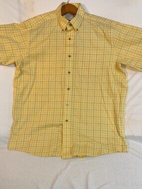 LL Bean Yellow Check Plaid Traditional Fit Short Sleeve Button Down Men Large